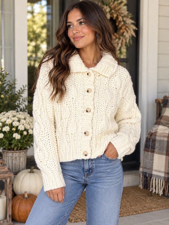 Altar'd State Sweaters - Altar’d State Cream Chunky Cable Knit Button Oversized Cardigan Sweater XS/S